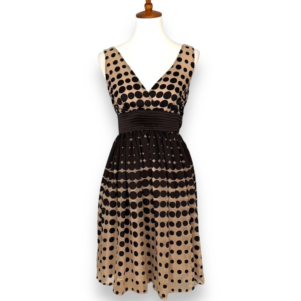 Burlapp Black & Beige Pleated Polka Dot Sleeveless V Neck A Line Dress Size 0